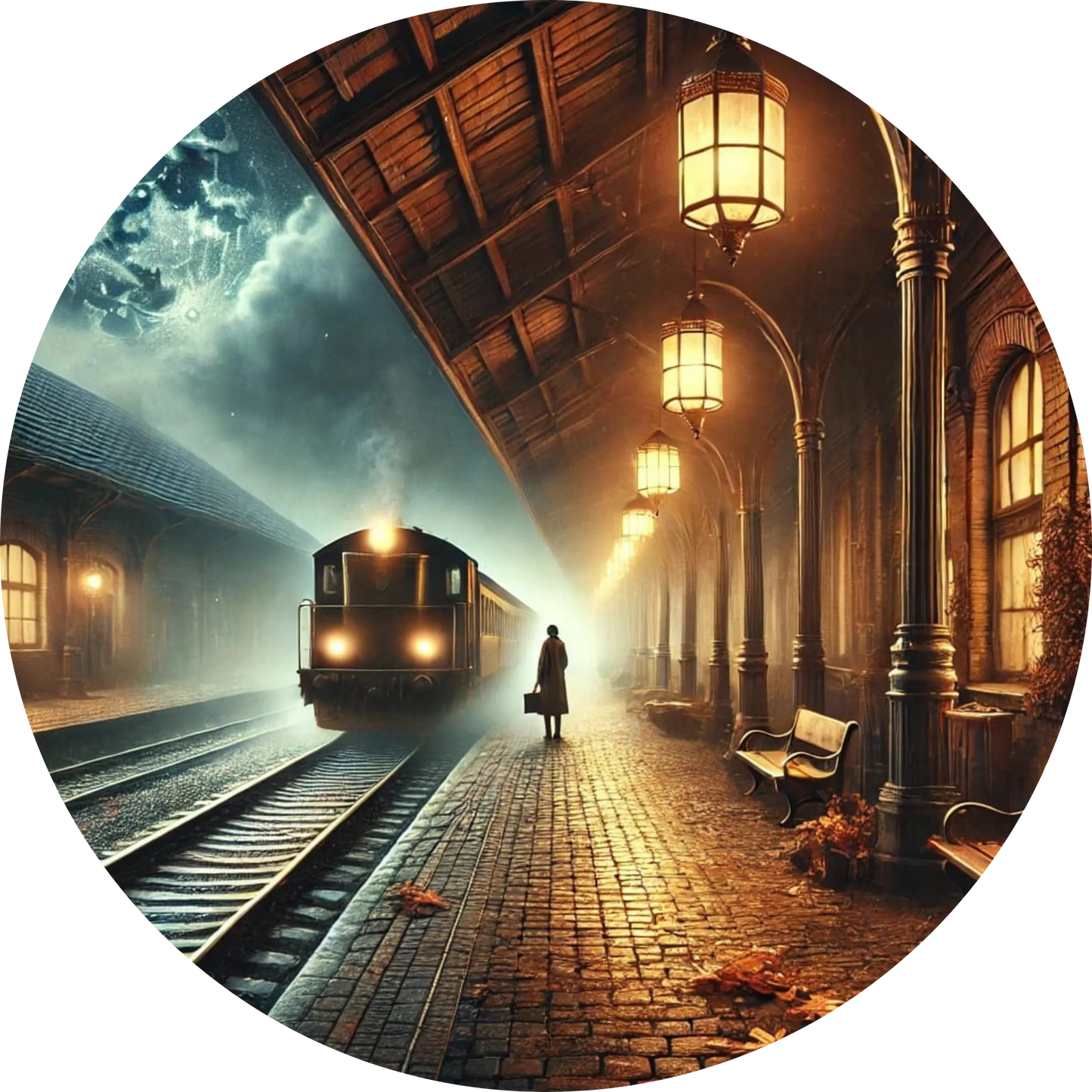 Stimmungsvolle Szene mit Zug am Bahnsteig bei Nacht, im Vintage-Stil illustriert