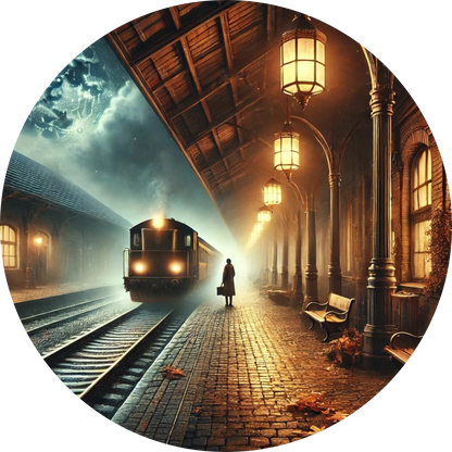 Stimmungsvolle Szene mit Zug am Bahnsteig bei Nacht, im Vintage-Stil illustriert