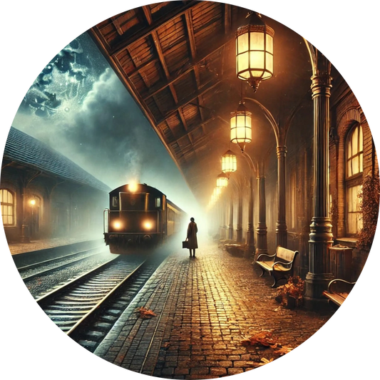 Stimmungsvolle Szene mit Zug am Bahnsteig bei Nacht, im Vintage-Stil illustriert