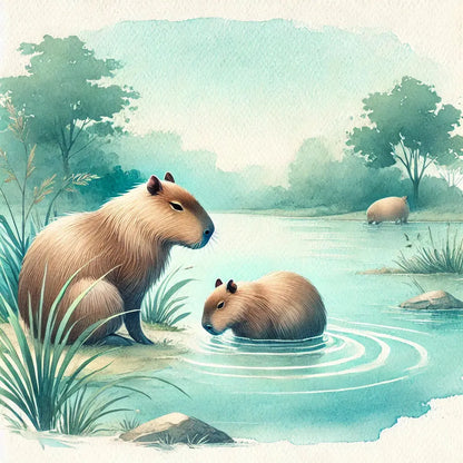 Zwei Capybaras an einem Teich im sanften Gegenlicht