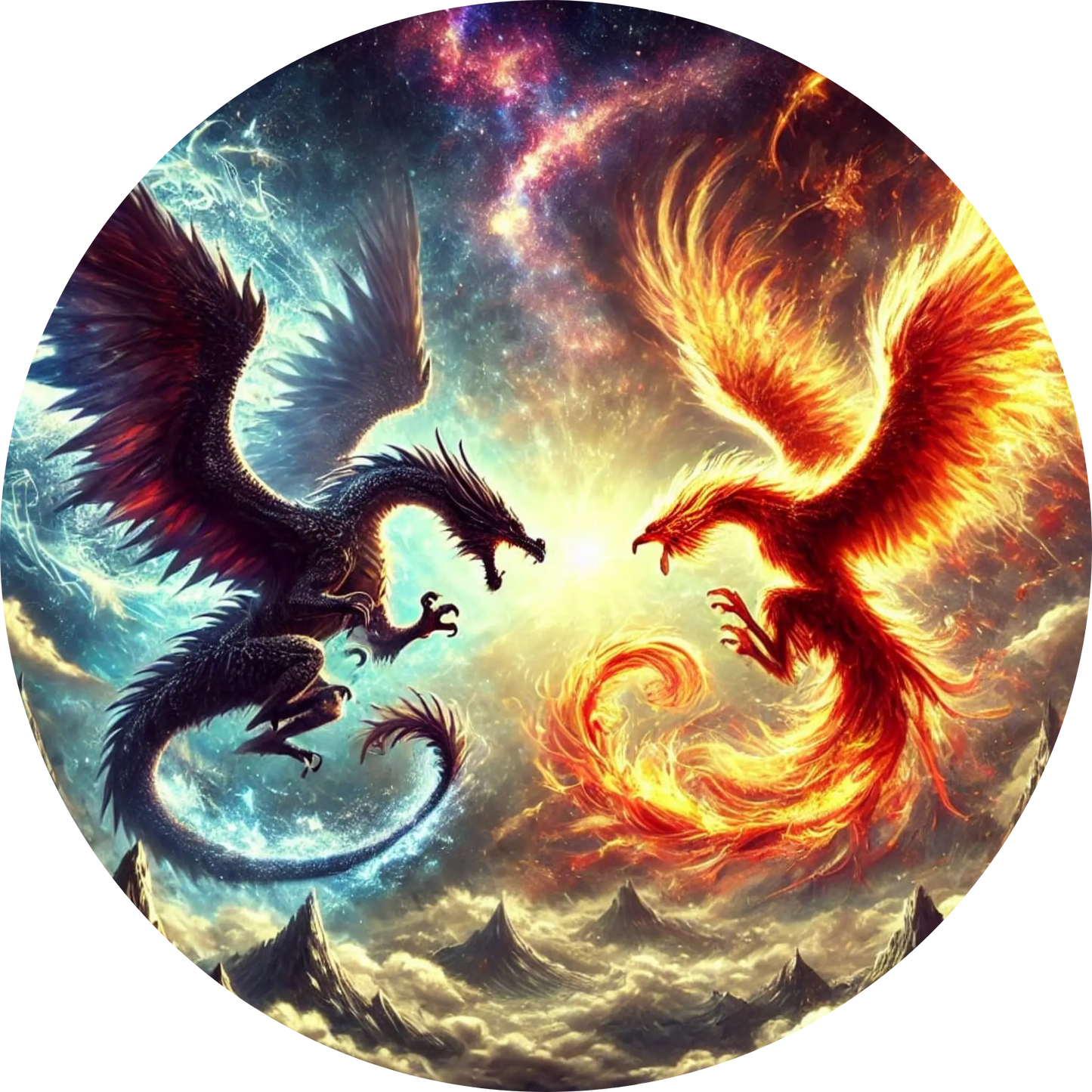 Zwei Drachen in feurigem Kampf mit magischen Effekten