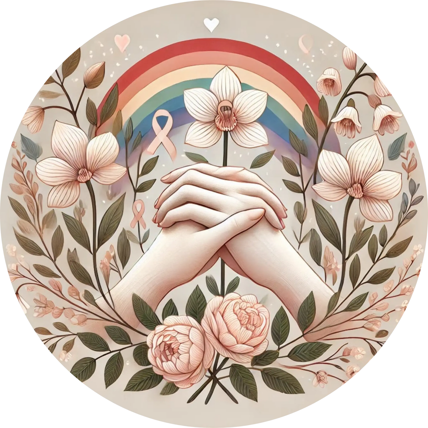 Zwei sich haltende Hände in floraler Umrahmung mit Schleife, Blüten und Herz.