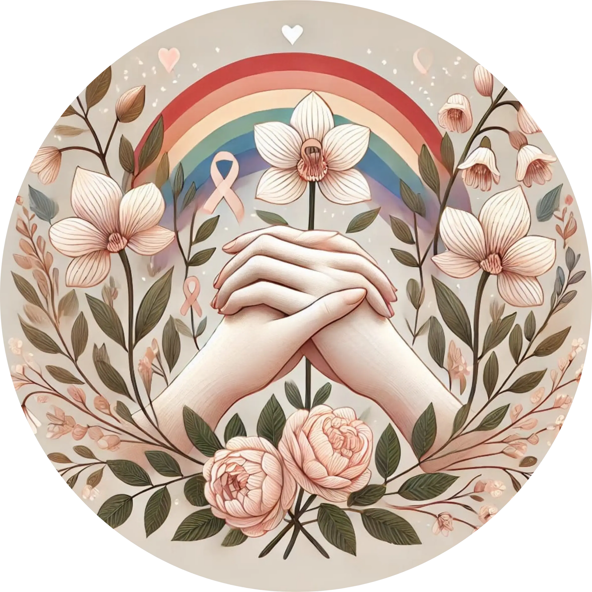 Zwei sich haltende Hände in floraler Umrahmung mit Schleife, Blüten und Herz.