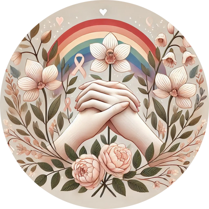 Zwei sich haltende Hände in floraler Umrahmung mit Schleife, Blüten und Herz.