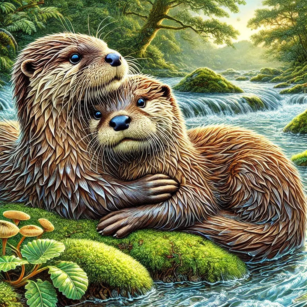Zwei Otter kuscheln sich liebevoll im Moos – Familienmotiv