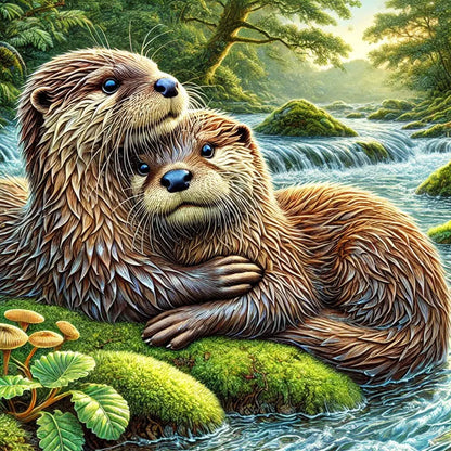 Zwei Otter kuscheln sich liebevoll im Moos – Familienmotiv