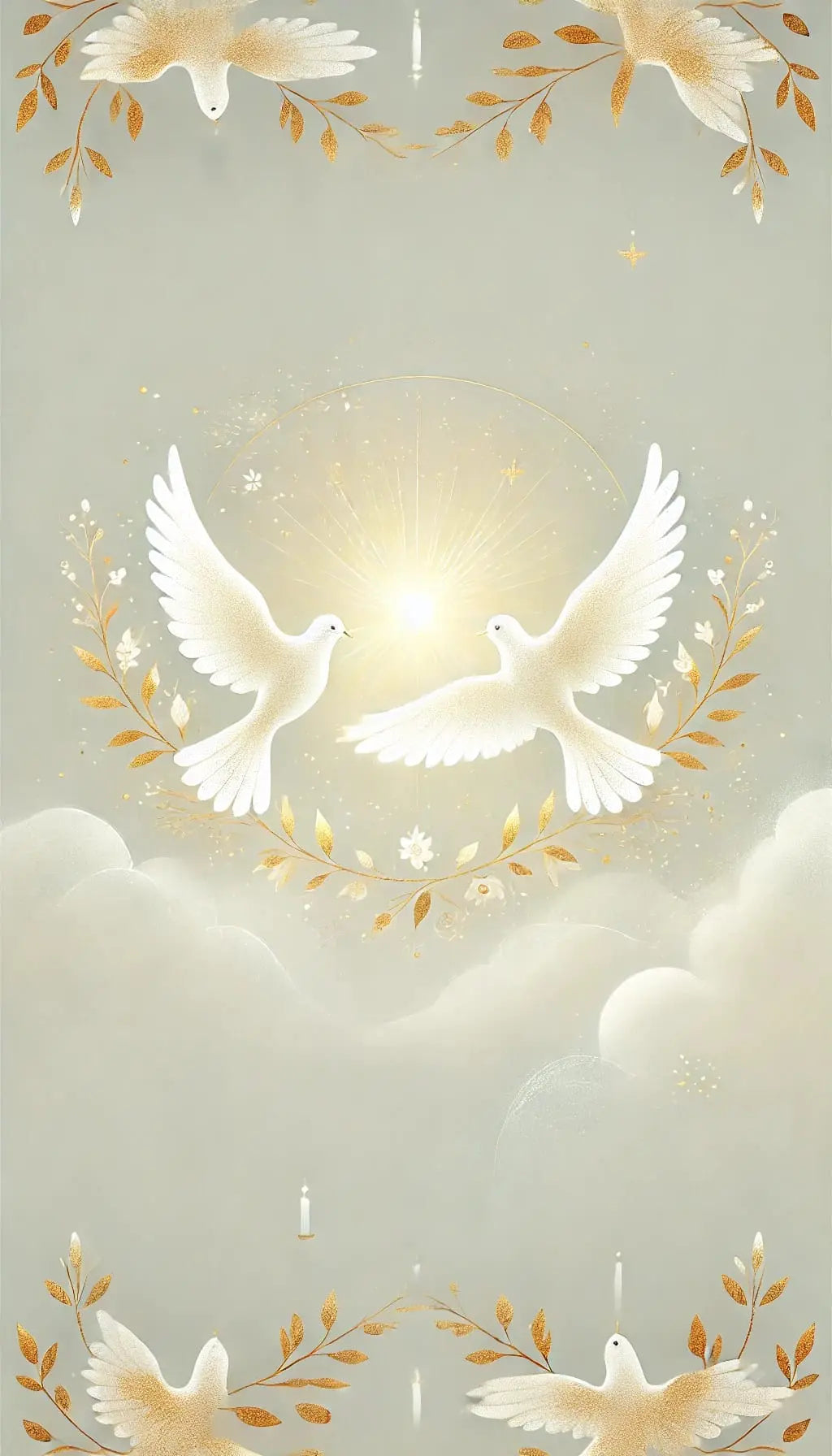 Zwei weiße Tauben auf floraler Komposition mit goldenem Schein – festliches Motiv zur Taufe oder Konfirmation