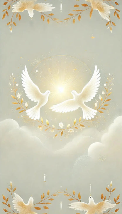 Zwei weiße Tauben auf floraler Komposition mit goldenem Schein – festliches Motiv zur Taufe oder Konfirmation