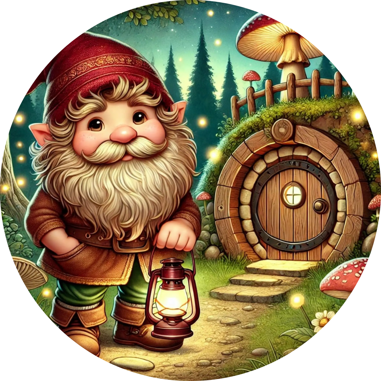 Zwerg mit Laterne und Holzfass vor Hobbithaus