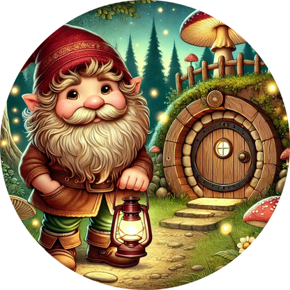 Zwerg mit Laterne und Holzfass vor Hobbithaus