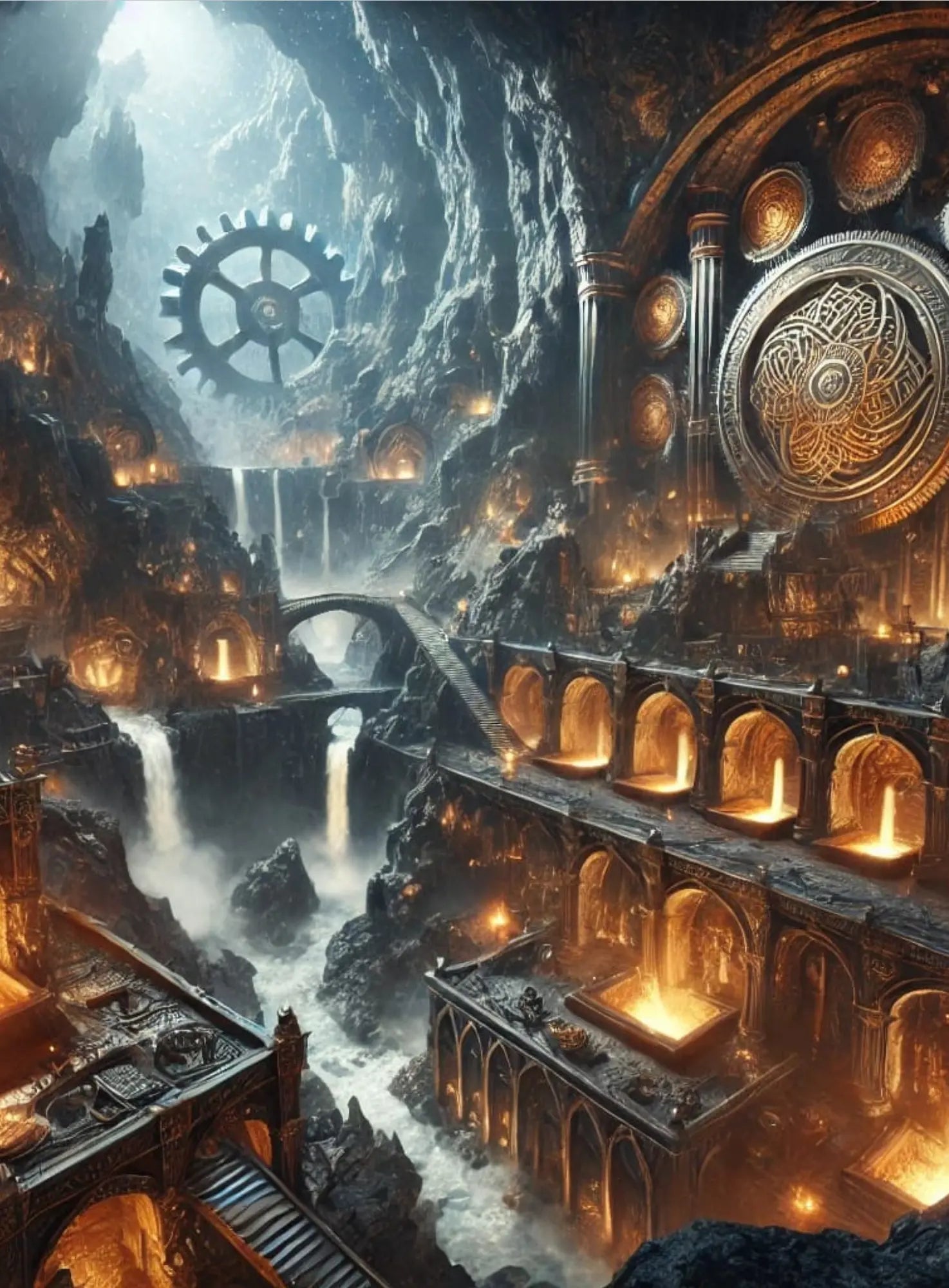 Fantasievolle Darstellung einer tiefen, unterirdischen Höhlenstadt mit leuchtenden Kammern, Wasserkaskaden und riesigen Zahnrädern – inspiriert von Zwergenlegenden und nordischer Mythologie.
