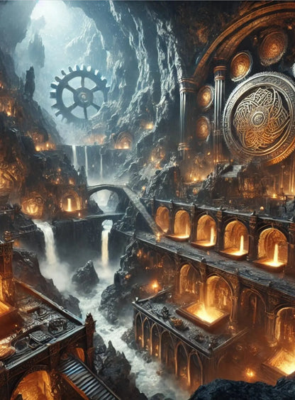 Fantasievolle Darstellung einer tiefen, unterirdischen Höhlenstadt mit leuchtenden Kammern, Wasserkaskaden und riesigen Zahnrädern – inspiriert von Zwergenlegenden und nordischer Mythologie.