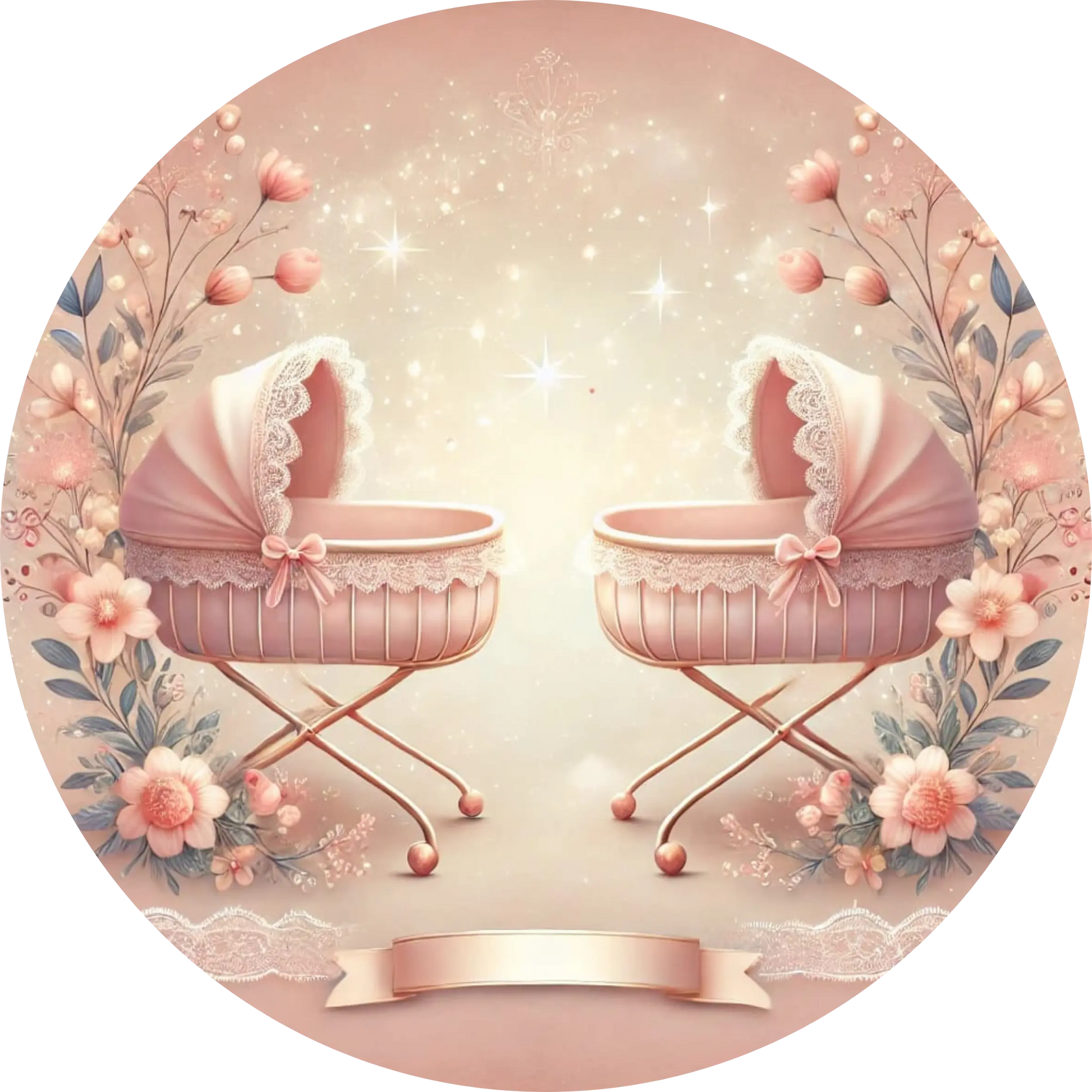 Zwei rosa Babykörbchen mit floraler Umrandung, auf pastellfarbenem Hintergrund