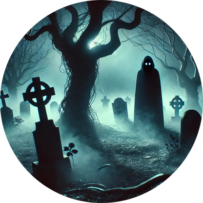  Friedhof bei Nebel mit gespenstischer schwarzer Gestalt zwischen Grabsteinen
