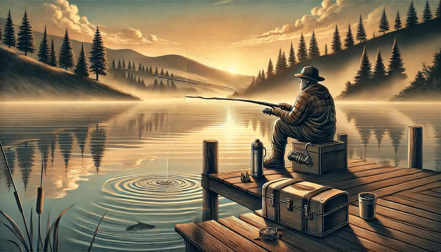 Angeln
Illustration eines Anglers auf einem Holzsteg bei Sonnenaufgang, umgeben von ruhigem See und Waldlandschaft – Hobby-Motiv für Tortenaufleger (DIN A4)
