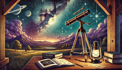 Astronomie (Wiederholung):

Teleskop unter funkelndem Sternenhimmel mit Saturn und Mond – für Sternengucker und Astro-Fans