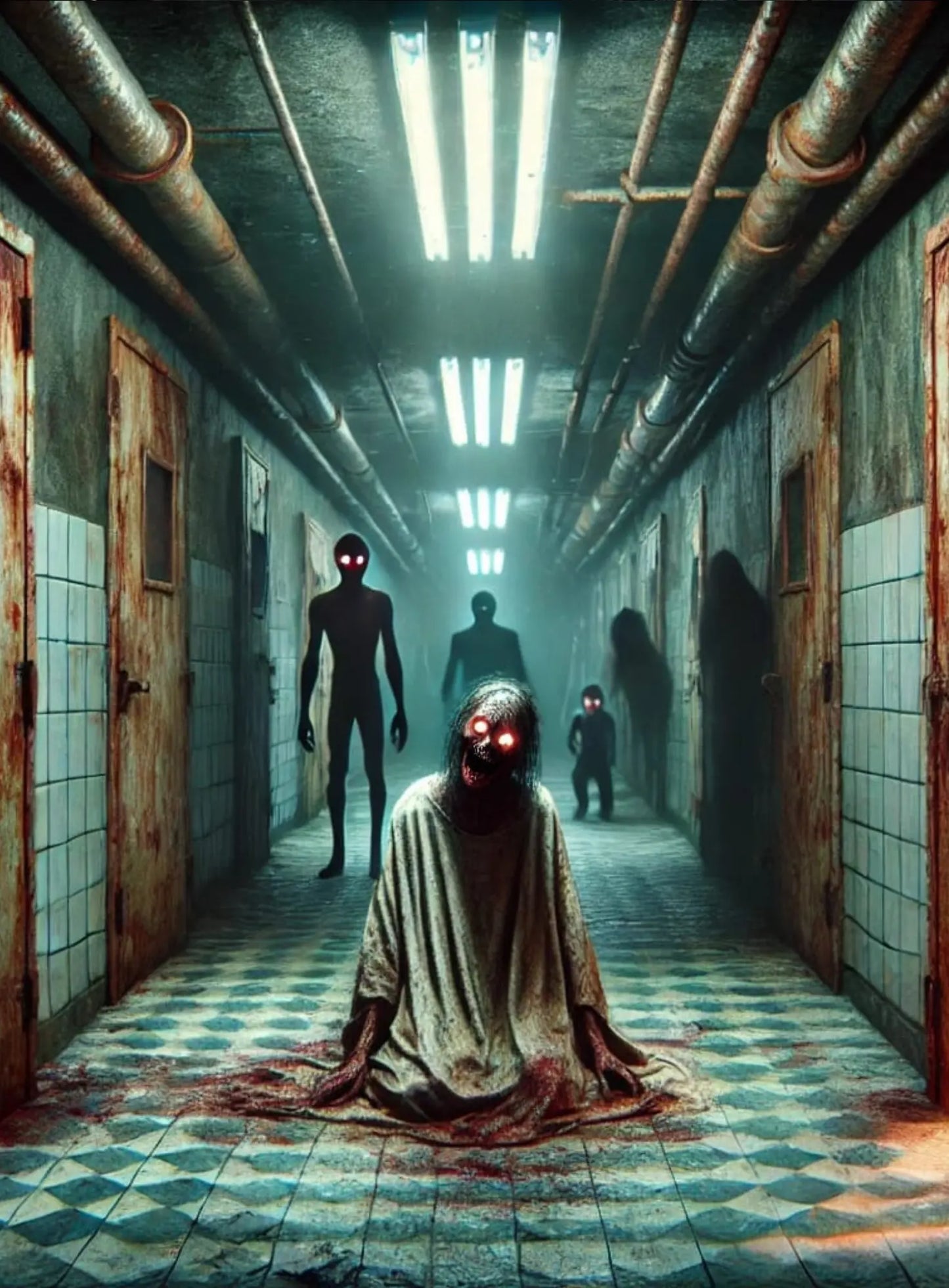 Blutiger Albtraum in einem stillgelegten Gebäude – gruselige Kreatur im Vordergrund, dunkle Gestalten im Hintergrund.