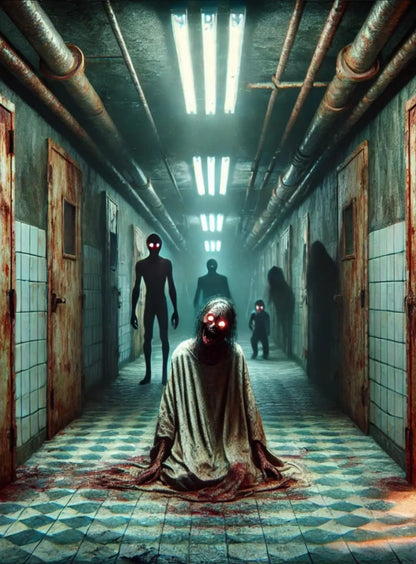 Blutiger Albtraum in einem stillgelegten Gebäude – gruselige Kreatur im Vordergrund, dunkle Gestalten im Hintergrund.