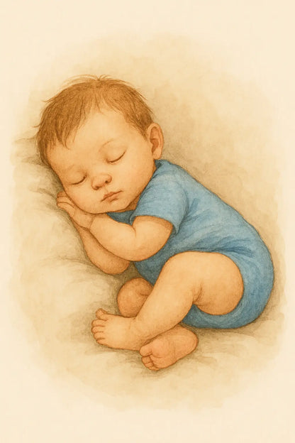 Aquarellillustration eines friedlich schlafenden Babys im blauen Strampler – perfekt für Jungenmotive