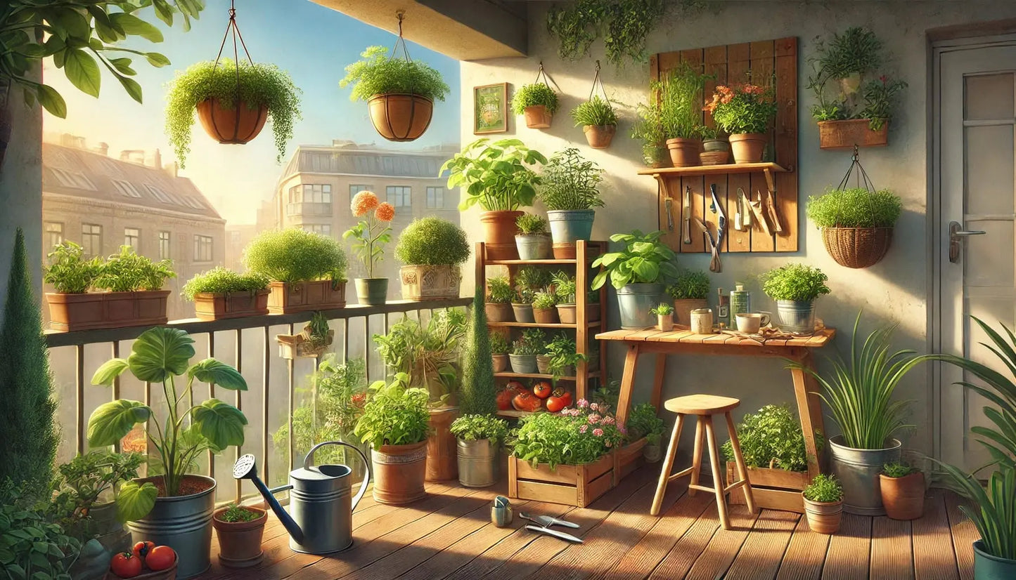 Gartenarbeit (auf dem Balkon)
Ein liebevoll bepflanzter Balkon mit vielen Kräutern, Pflanzen und Gartenzubehör.