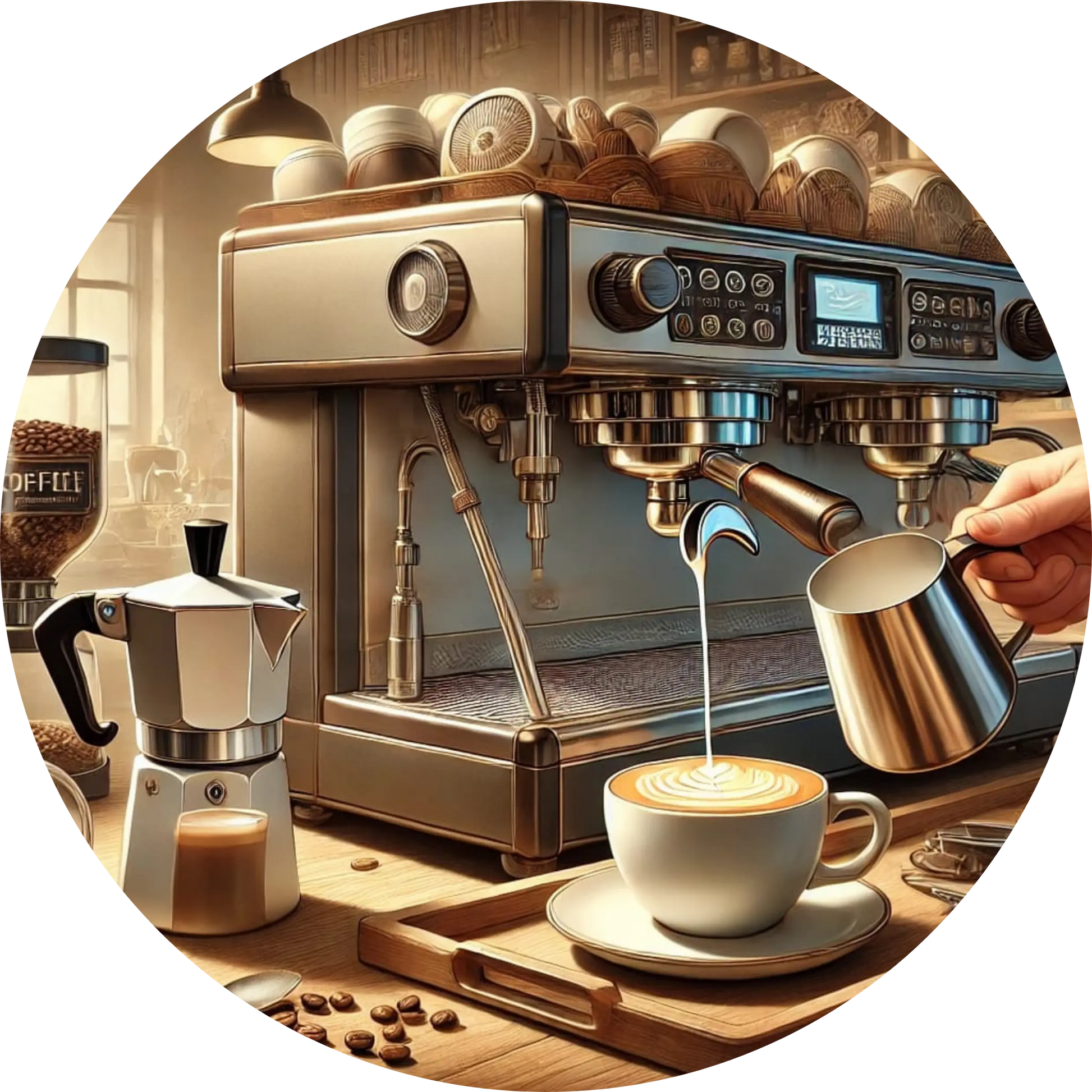 Siebträgermaschine und Espressotassen auf einer rustikalen Bar