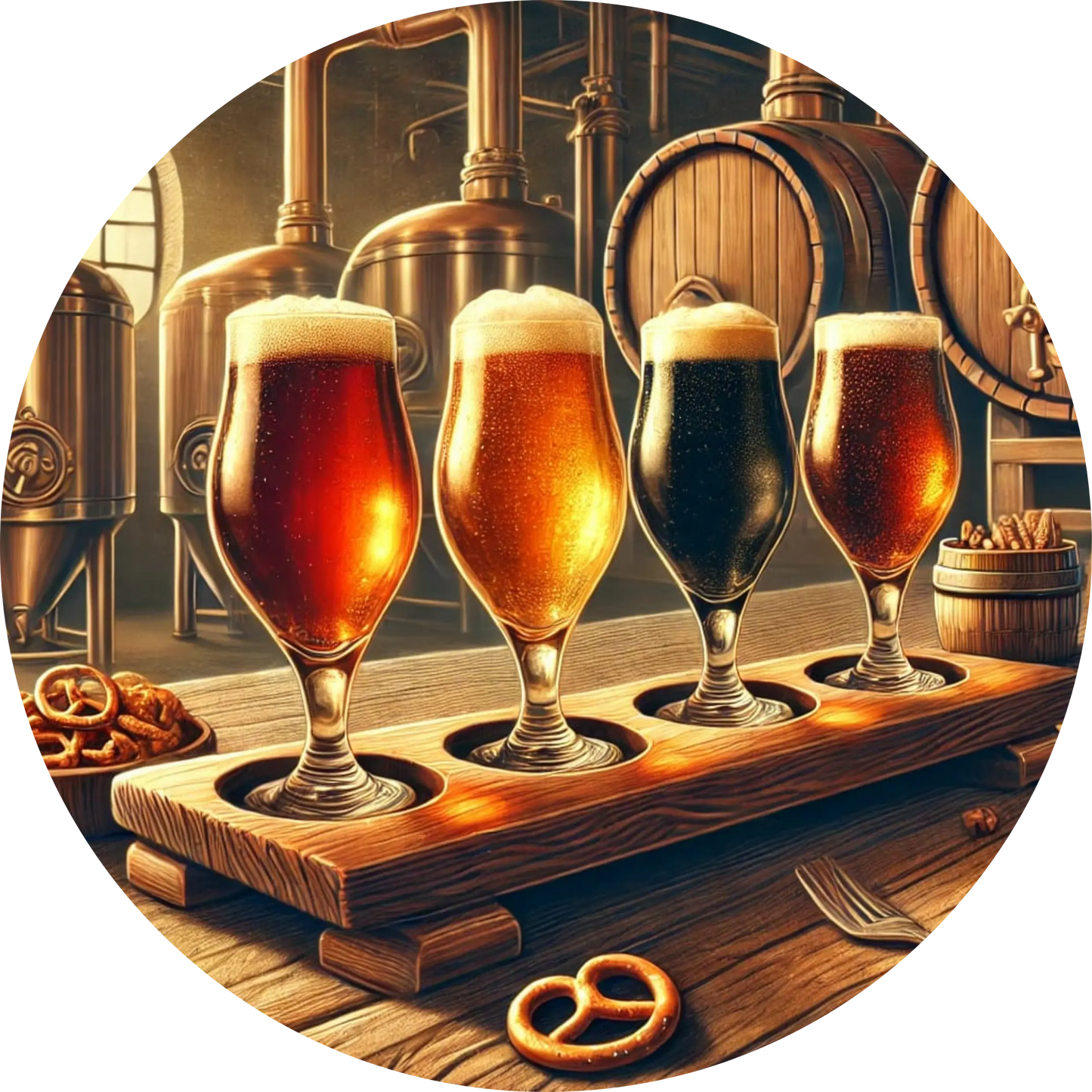 Verschiedene Biersorten in Gläsern mit Brezel auf Holzplatte