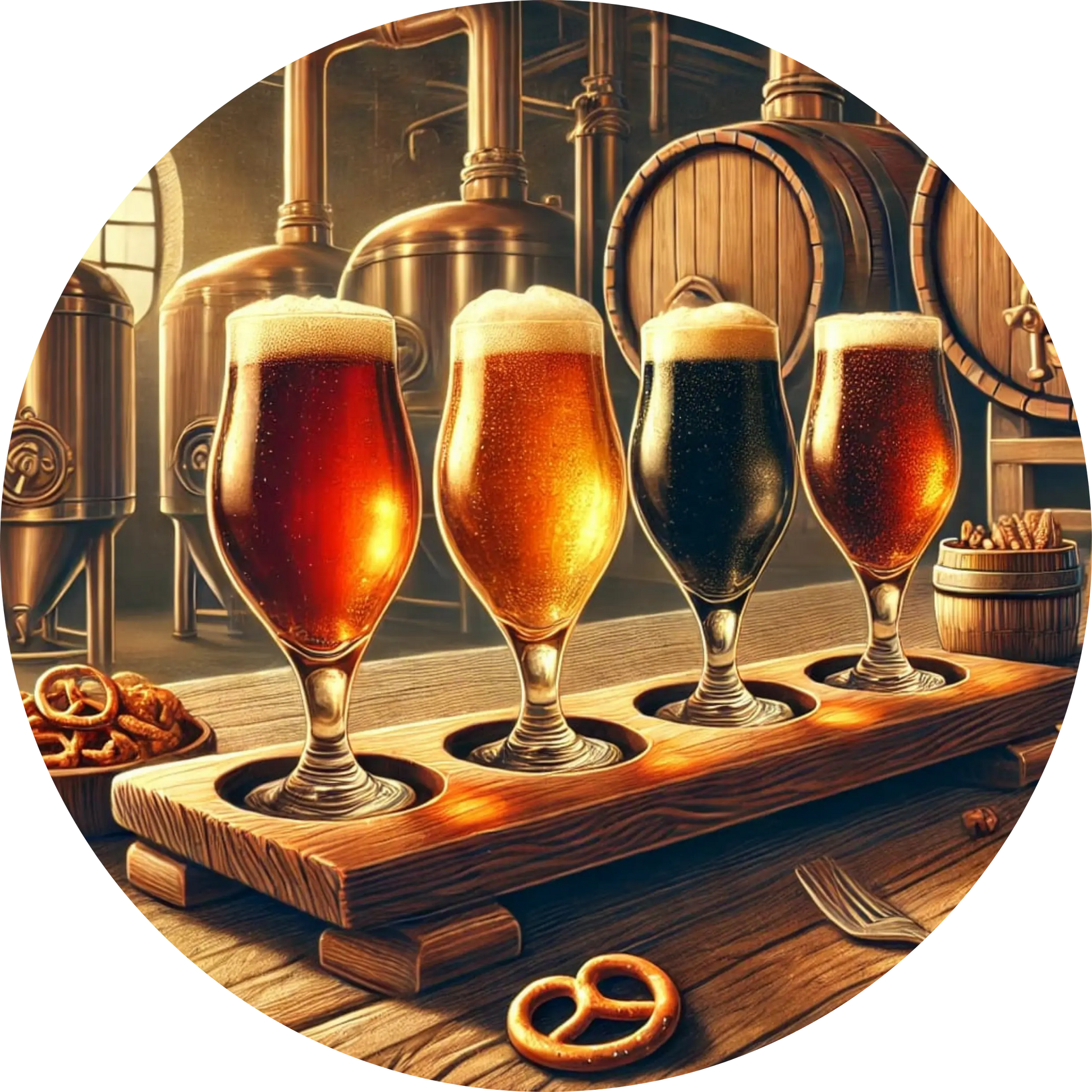 Verschiedene Biersorten in Gläsern mit Brezel auf Holzplatte