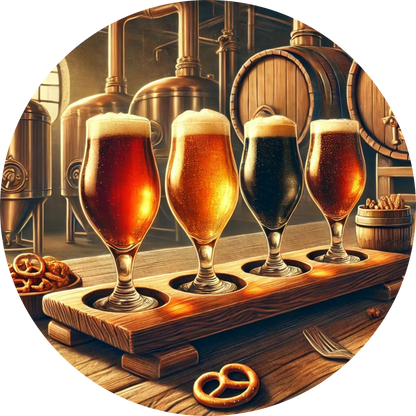 Verschiedene Biersorten in Gläsern mit Brezel auf Holzplatte