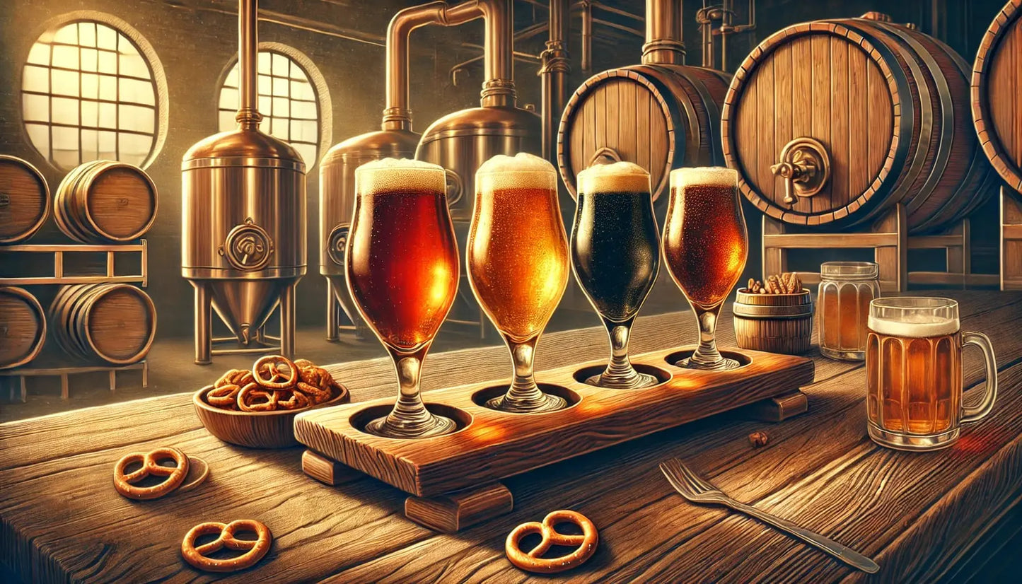 Edle Bierauswahl mit Gläsern und Holzfässern stimmungsvollem Licht.