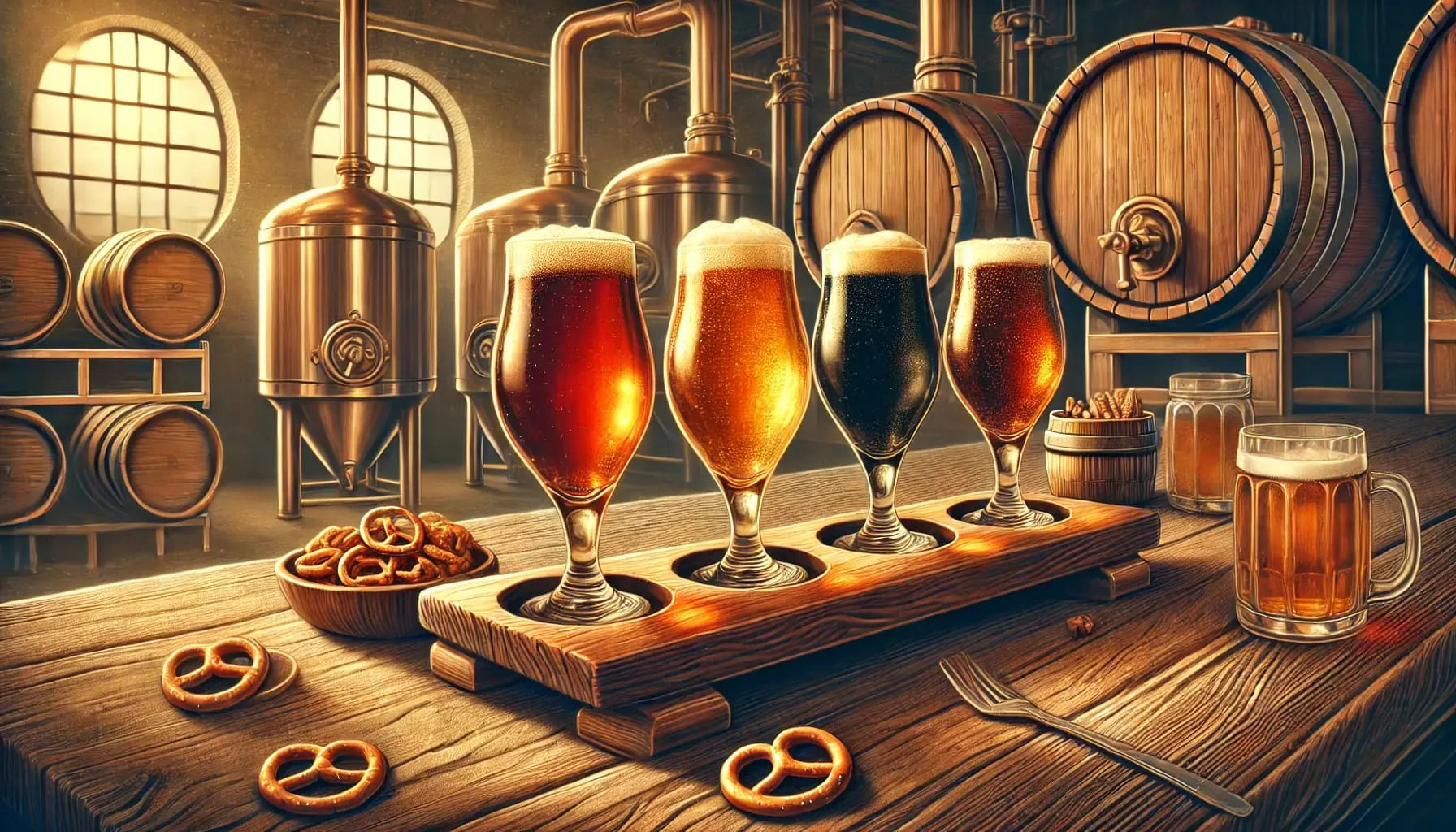 Edle Bierauswahl mit Gläsern und Holzfässern stimmungsvollem Licht.