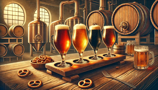 Edle Bierauswahl mit Gläsern und Holzfässern stimmungsvollem Licht.