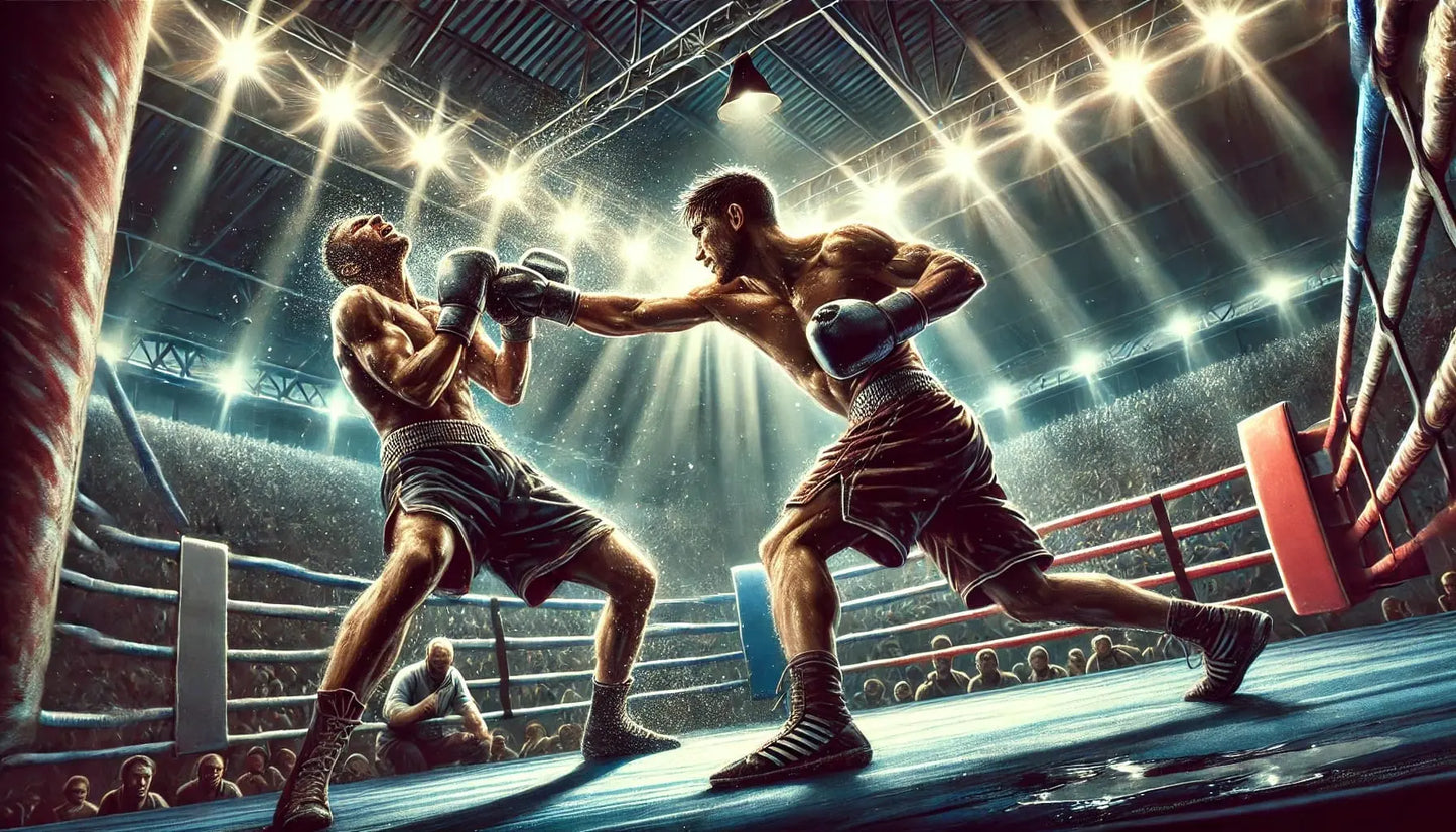 Intensive Szene zweier Boxer im Ring unter Scheinwerfern – Sportliches Hobby-Motiv für Tortenaufleger (DIN A4)