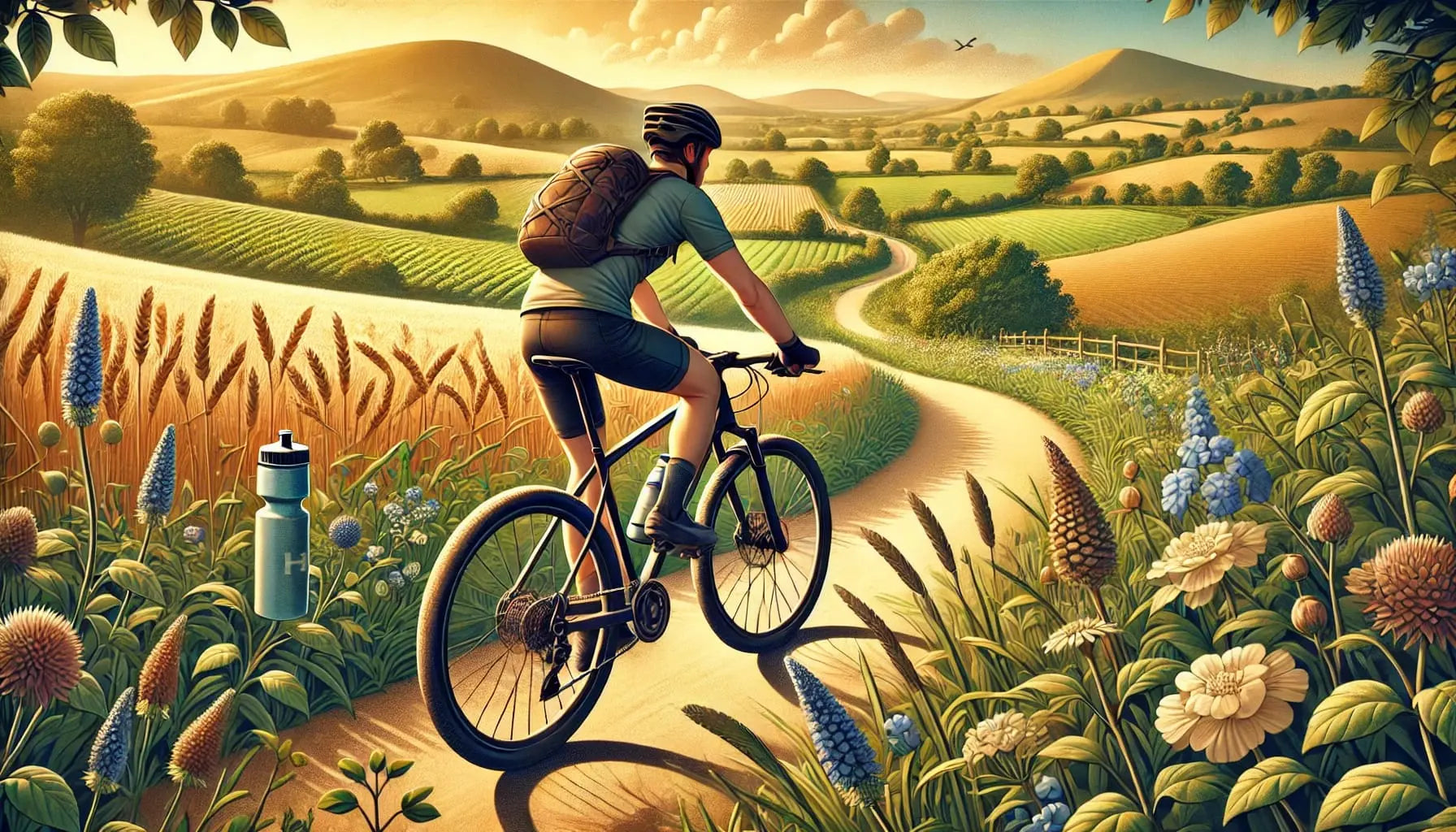 Fahrradtour
Radfahrer auf idyllischem Feldweg bei Sonnenuntergang, umgeben von Blumenwiesen – Natur-Hobby für Tortenaufleger (DIN A4)