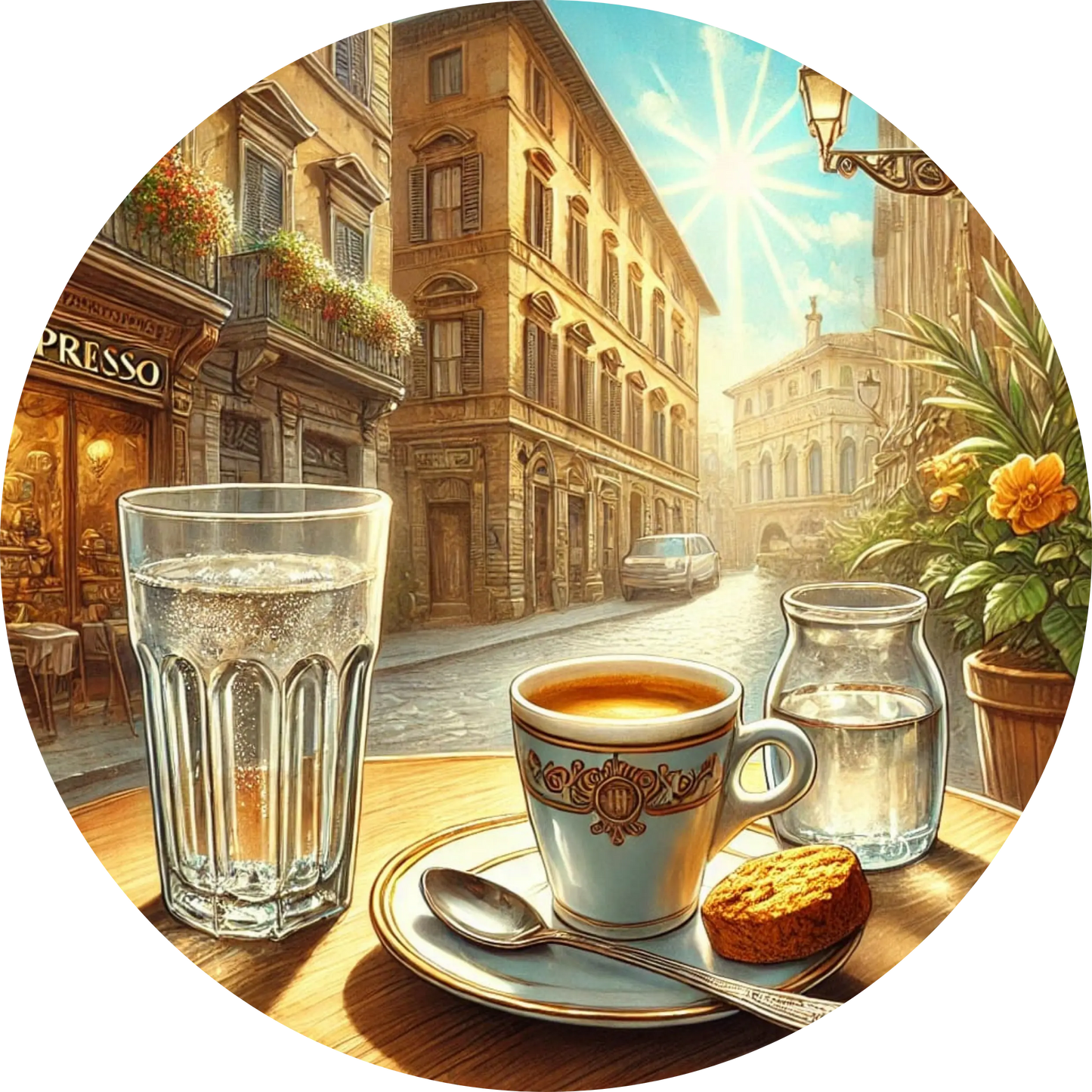 Italienische Kaffeepause mit Espresso, Croissant und Stadtblick