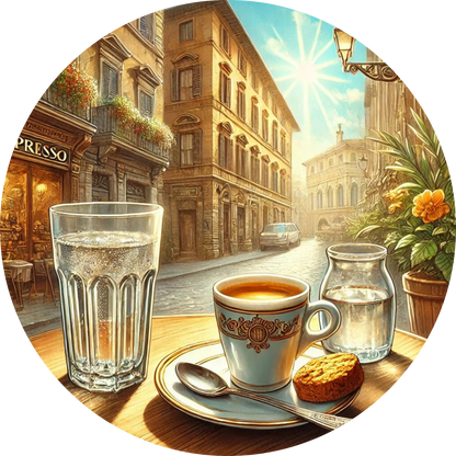 Italienische Kaffeepause mit Espresso, Croissant und Stadtblick