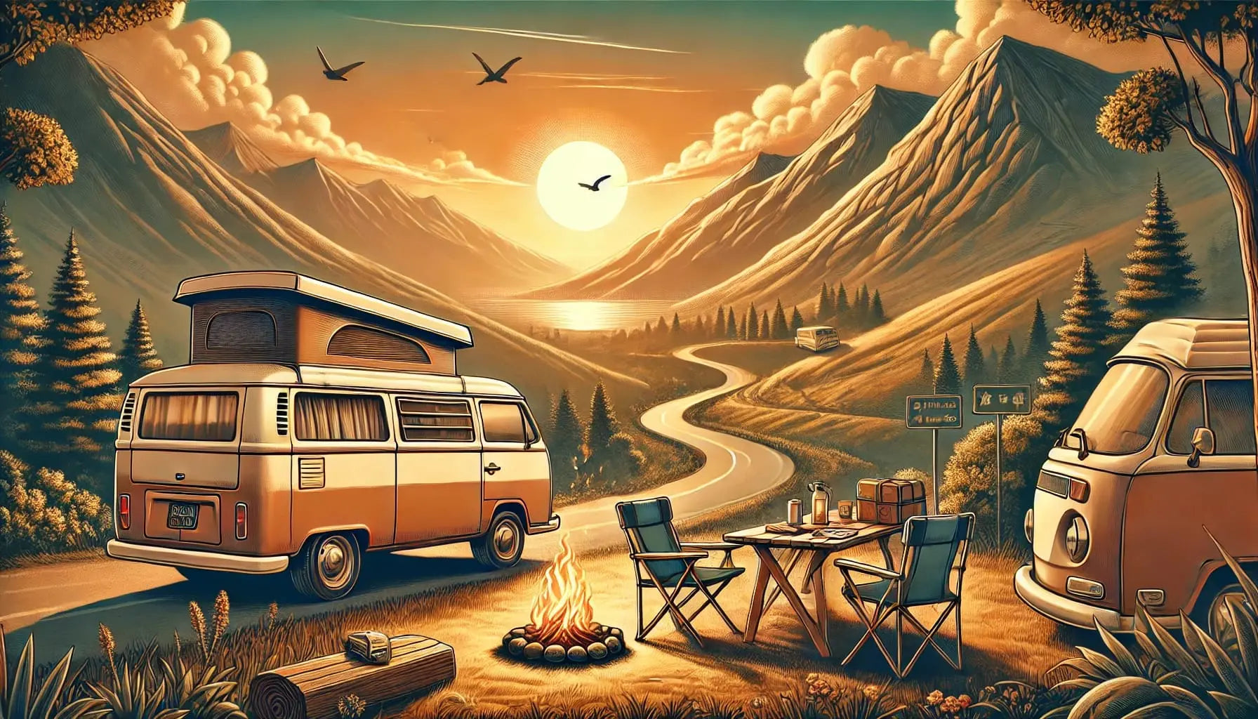 Camping & Vanlife
Retro-Camperbus vor Bergkulisse bei Sonnenuntergang mit Lagerfeuer und Campingstühlen – Outdoor-Hobby für Tortenaufleger (DIN A4)