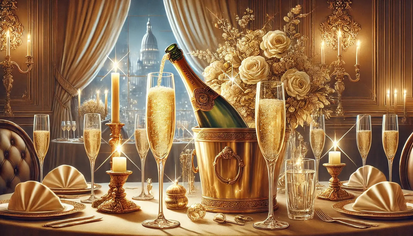Festlich gedeckter Tisch mit Sekt und stilvoller Deko in einem eleganten Ambiente.