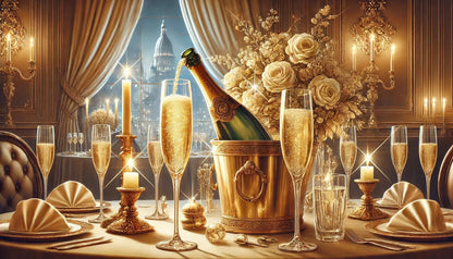 Festlich gedeckter Tisch mit Sekt und stilvoller Deko in einem eleganten Ambiente.