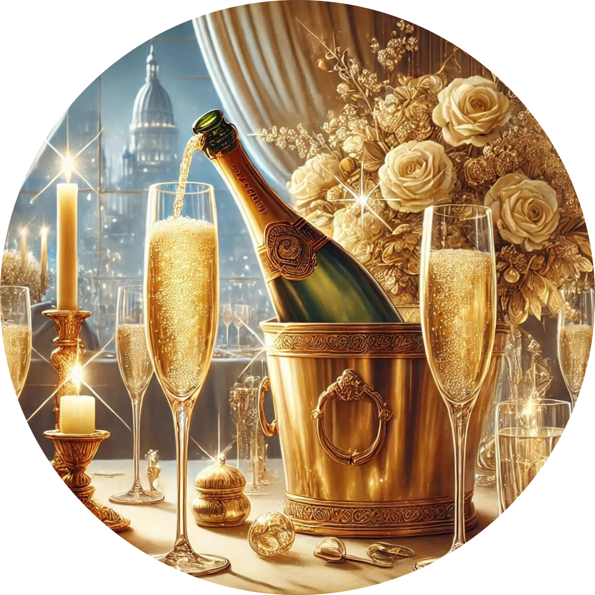 Sekt und Cocktails bei goldenem Licht, Champagnerflaschen im Hintergrund