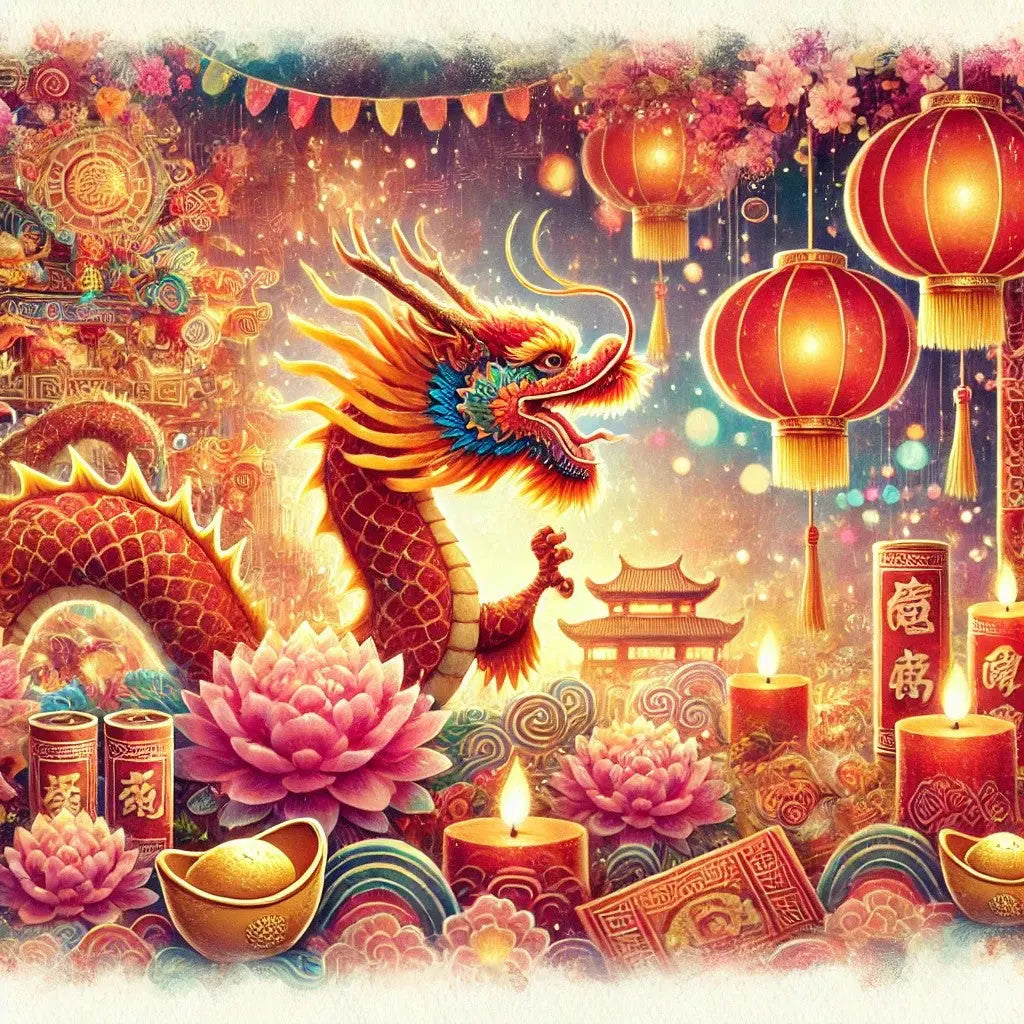 Farbenfrohe Darstellung des chinesischen Neujahrs mit Drachen, Laternen, Lotusblüten und Glückssymbolen in lebendigen Farben – festliche Atmosphäre mit traditionellen Elementen.