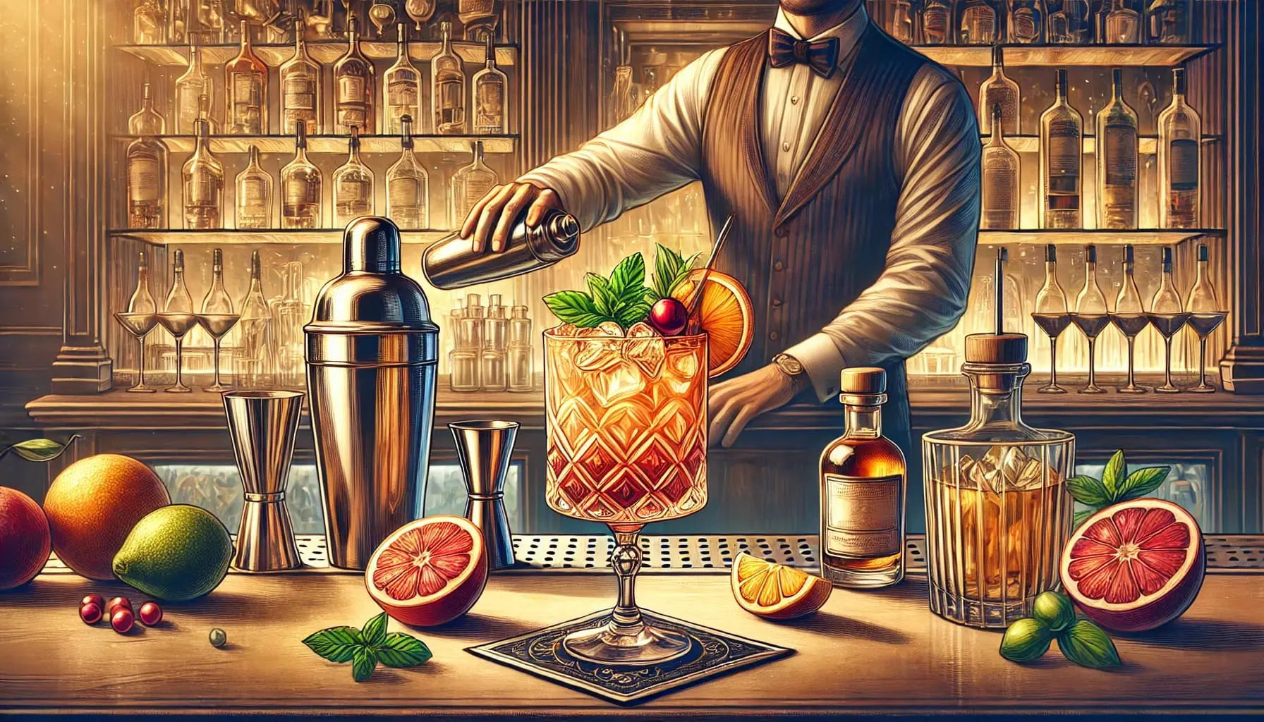 Barkeper mixt einen Drink. Im Vordergrund steht ein großer orangener Cocktail.