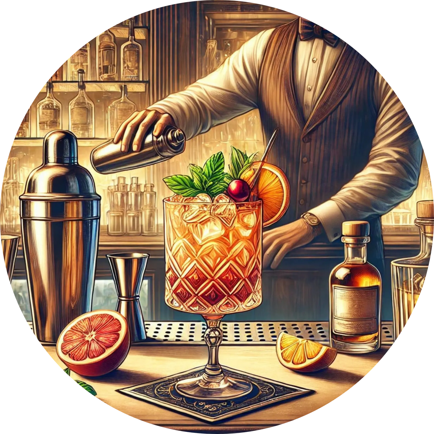 Bartender mit Shaker, Mixzutaten und Cocktailgläsern