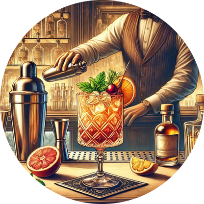 Bartender mit Shaker, Mixzutaten und Cocktailgläsern