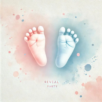 Aquarellbild mit zwei Babyfüßen – einer in Rosa, einer in Blau – vor gesprenkeltem Hintergrund mit dem Schriftzug „Reveal Party“.