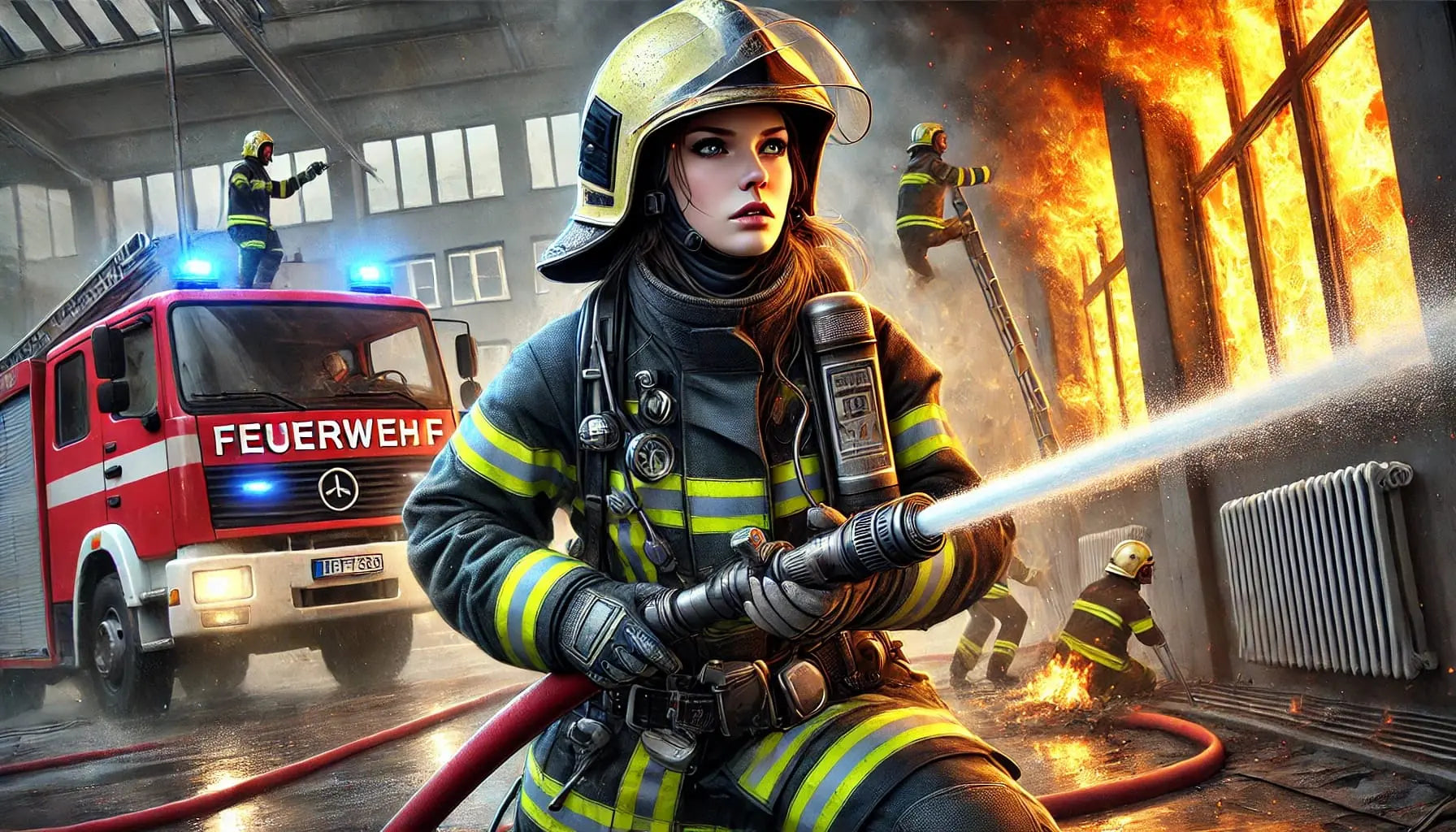 Feuerwehrfrau im Einsatz mit Strahlrohr vor einem brennenden Gebäude – dramatische Szene mit Feuerwehrauto im Hintergrund.