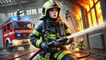 Feuerwehrfrau im Einsatz mit Strahlrohr vor einem brennenden Gebäude – dramatische Szene mit Feuerwehrauto im Hintergrund.