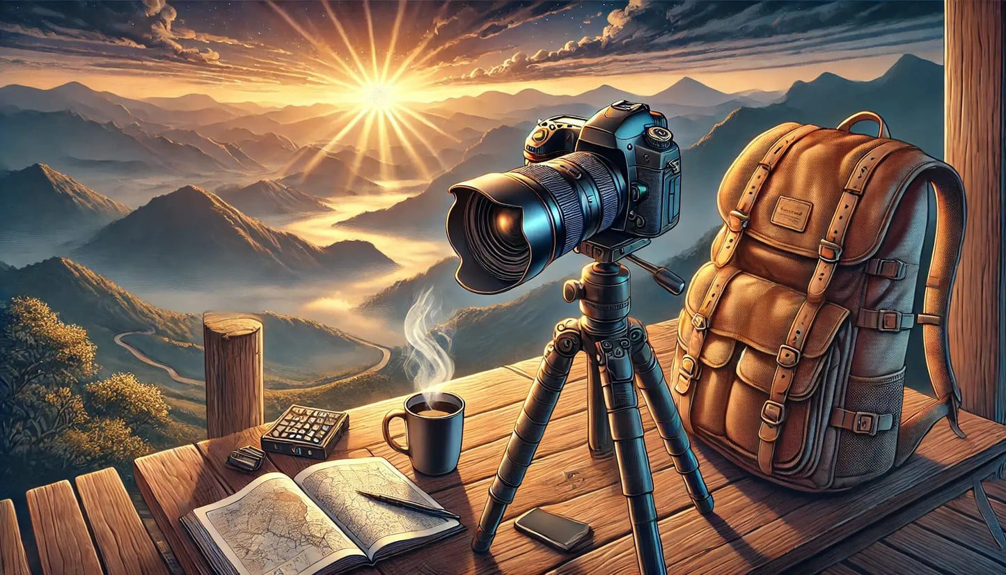 Fotografie (Berglandschaft)
Eine Kamera auf einem Stativ vor einer spektakulären Berglandschaft bei Sonnenaufgang.