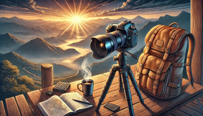 Fotografie (Berglandschaft)
Eine Kamera auf einem Stativ vor einer spektakulären Berglandschaft bei Sonnenaufgang.