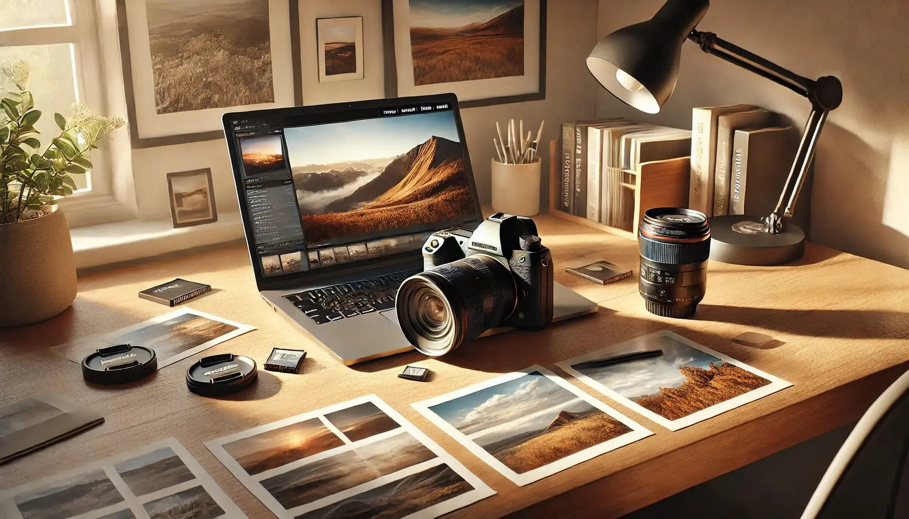 Fotobearbeitung
Ein Arbeitsplatz mit Kamera, Laptop und ausgedruckten Fotos bei natürlichem Licht.