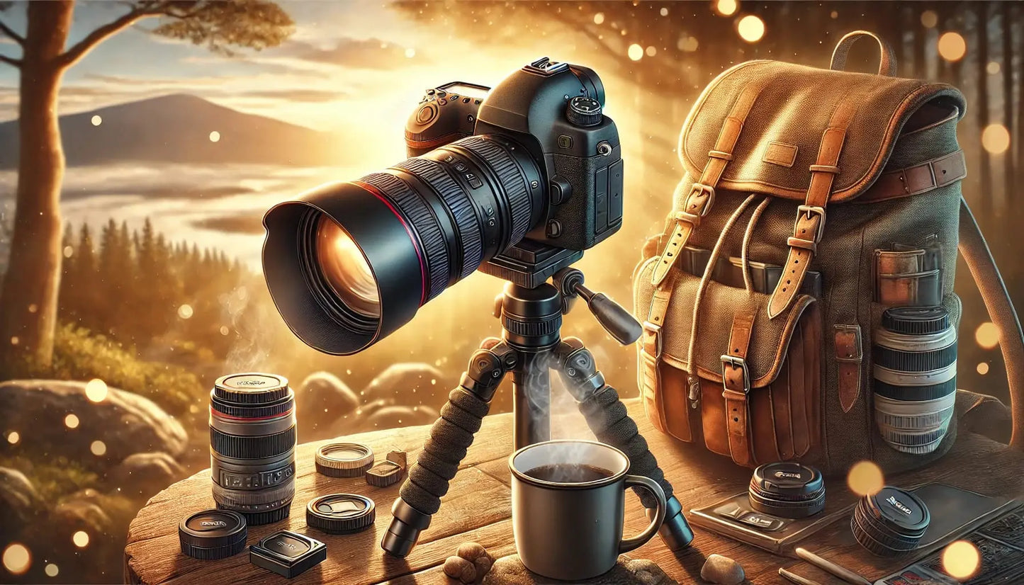 Fotografie (Objektive & Ausrüstung)
Eine Kamera mit verschiedenen Objektiven, Rucksack und Zubehör auf einem Tisch im Sonnenuntergang.